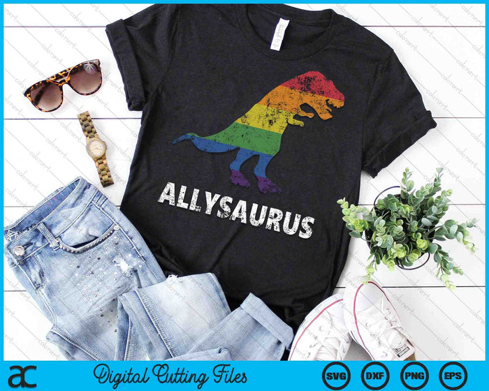 Allosaurus dinosaurus in regenboogvlag voor Ally LGBT Pride SVG PNG snijden afdrukbare bestanden