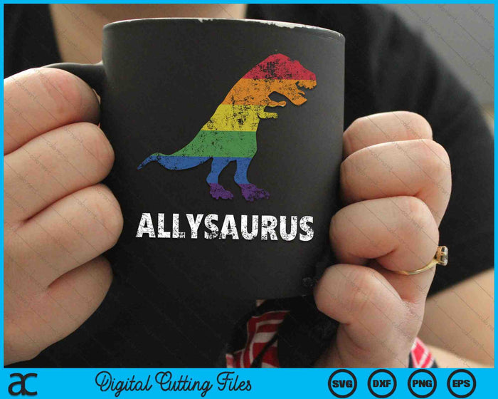 Allosaurus dinosaurus in regenboogvlag voor Ally LGBT Pride SVG PNG snijden afdrukbare bestanden