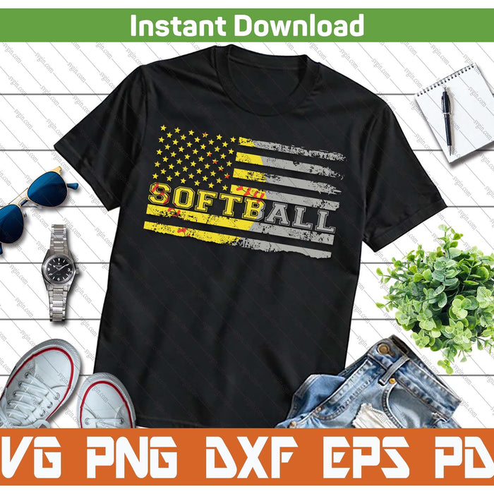 American Flag Softball Fan Team Distressed SVG PNG Download