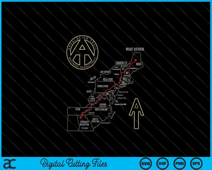 Sendero de los Apalaches Mapa de senderismo Aventura al aire libre Trailing SVG PNG Cortar archivos imprimibles