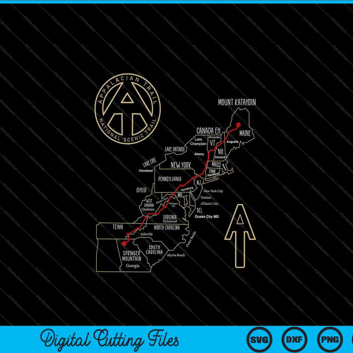 Sendero de los Apalaches Mapa de senderismo Aventura al aire libre Trailing SVG PNG Cortar archivos imprimibles