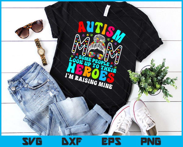 Autism Mom Raising Hero Groovy Messy Bun Autism Awareness SVG PNG Digital Cutting Files