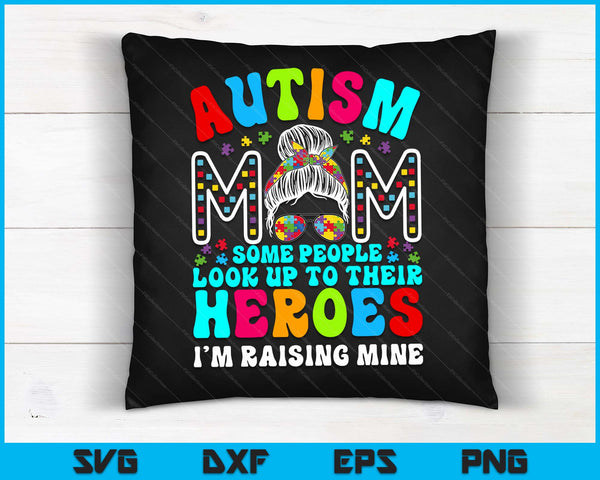 Autism Mom Raising Hero Groovy Messy Bun Autism Awareness SVG PNG Digital Cutting Files