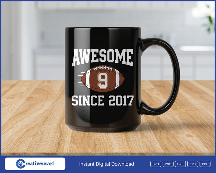 Awesome Since 2017 football 9th birthday SVG design on a black coffee mug