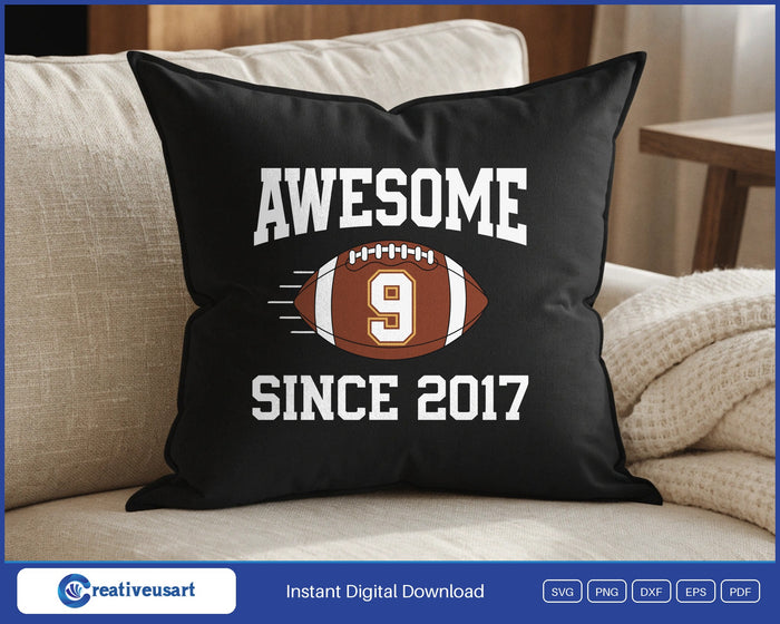 Awesome Since 2017 football 9th birthday SVG design on a black throw pillow