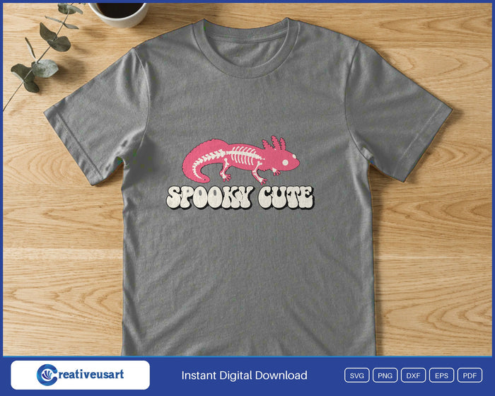 Spooky Cute axolotl skeleton SVG design shown on a t-shirt