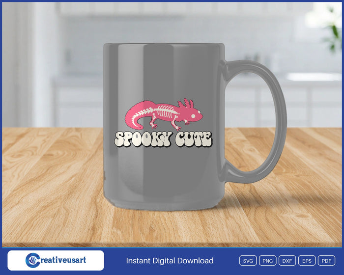 Spooky Cute axolotl skeleton SVG design on a mug