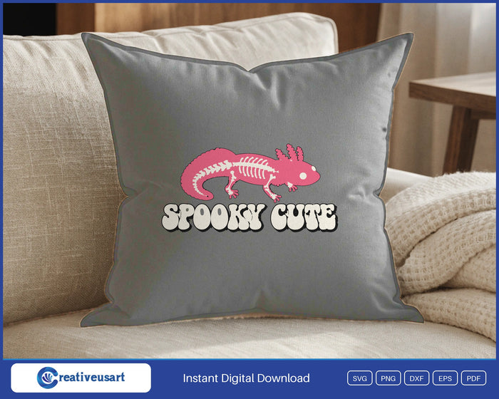 Spooky Cute axolotl skeleton SVG design on a throw pillow