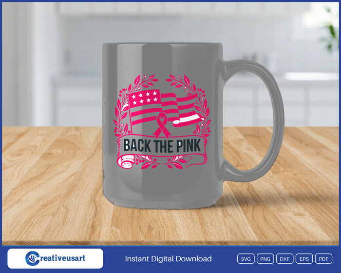 Back The Pink flag banner breast cancer SVG design on a grey coffee mug