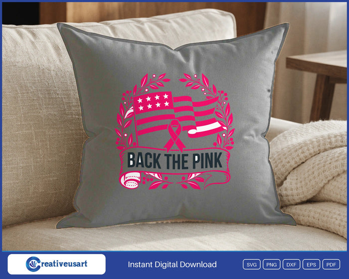 Back The Pink flag banner breast cancer SVG design on a grey throw pillow