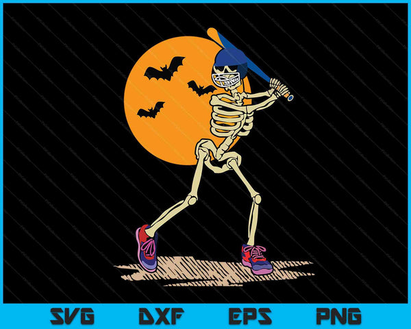 Skeleton swinging a baseball bat in front of an orange moon, Halloween baseball SVG