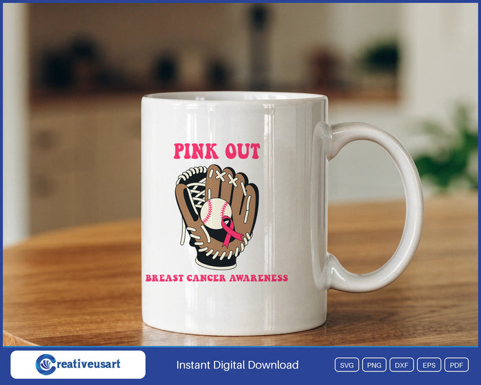Pink Out baseball glove SVG design on a mug
