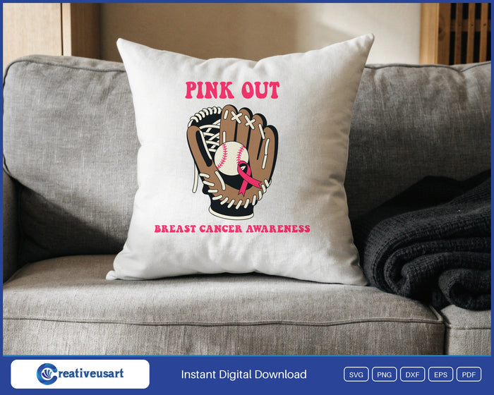 Pink Out baseball glove SVG design on a throw pillow