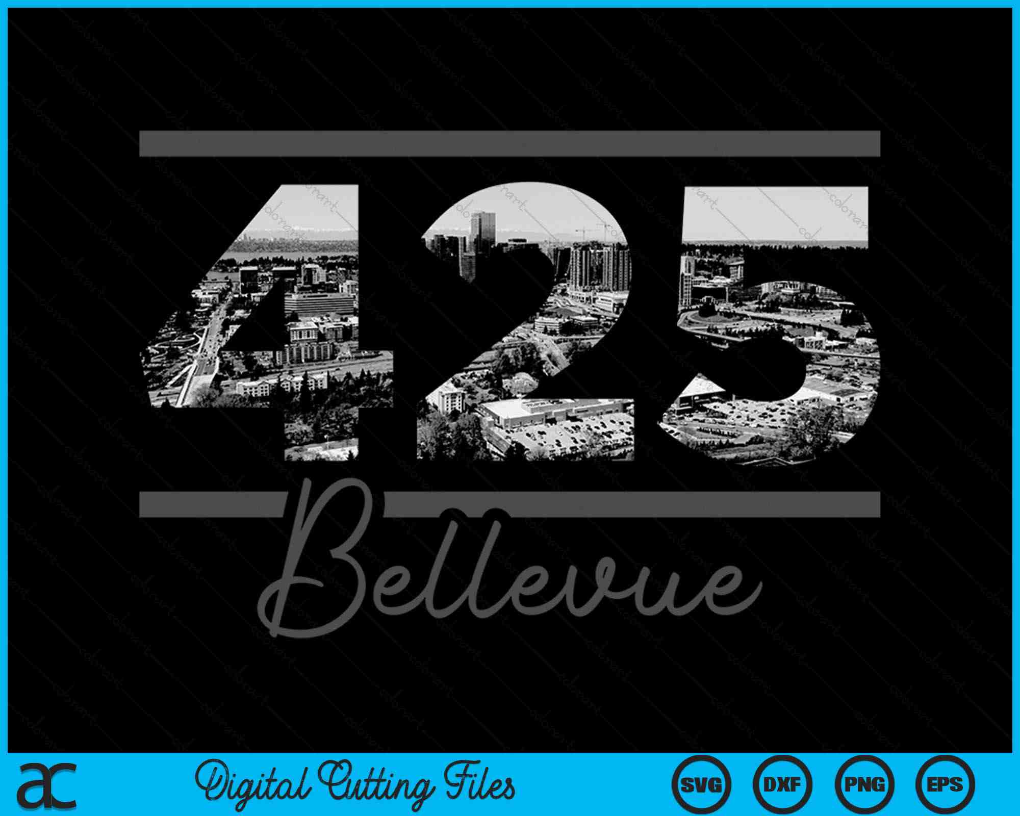425 Area Code State Bellevue 425 Area Code Skyline Washington Vintage SVG Cutting Files ...