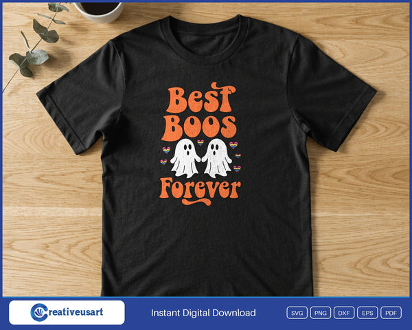 Best Boos Forever pride ghosts Halloween SVG printed on a black t-shirt, matching shirts for best friends