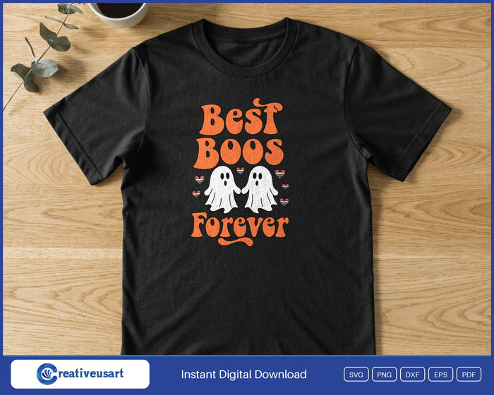 Best Boos Forever pride ghosts Halloween SVG printed on a black t-shirt, matching shirts for best friends