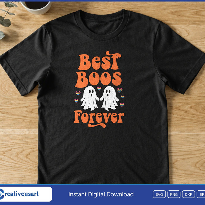 Two ghosts side by side above the words Best Boos Forever, on a black t-shirt, matching shirts for best friends