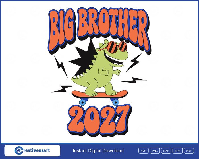 Big Brother 2027, a green dinosaur in sunglasses riding a skateboard SVG design on a white background