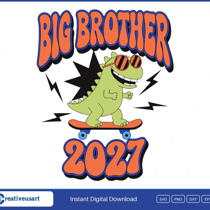 Big Brother 2027, a green dinosaur in sunglasses riding a skateboard SVG design on a white background
