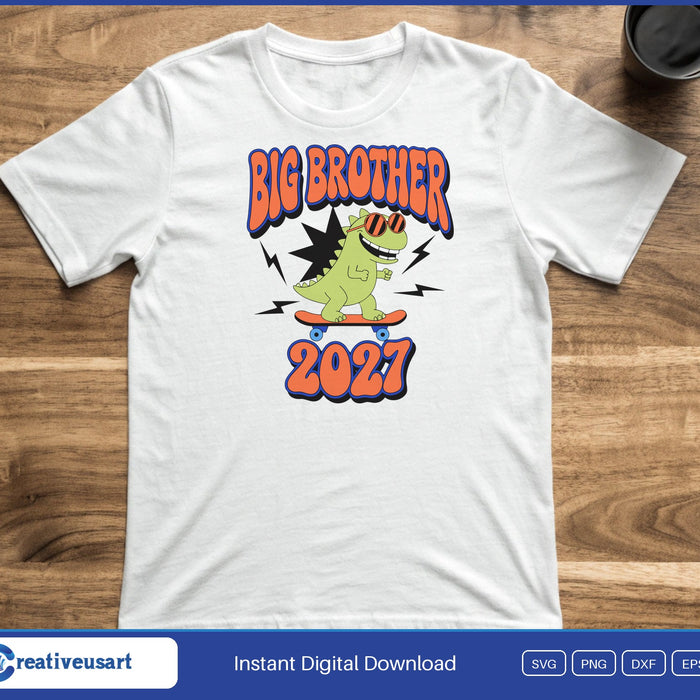A green dinosaur in sunglasses on a skateboard between the words Big Brother and 2027, on a white t-shirt