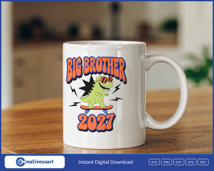 Big Brother 2027 with a dinosaur on a skateboard SVG design on a white coffee mug