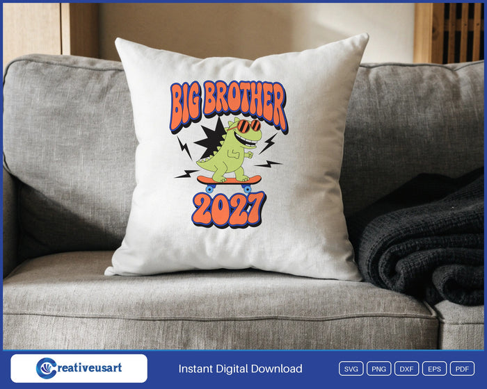 Big Brother 2027 with a dinosaur on a skateboard SVG design on a white throw pillow
