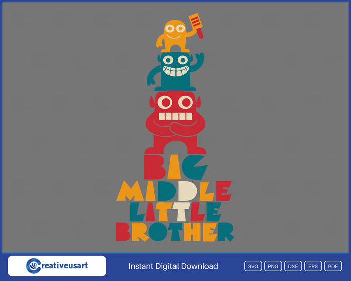 Big Middle Little Brother with three stacked monsters SVG design on a gray background
