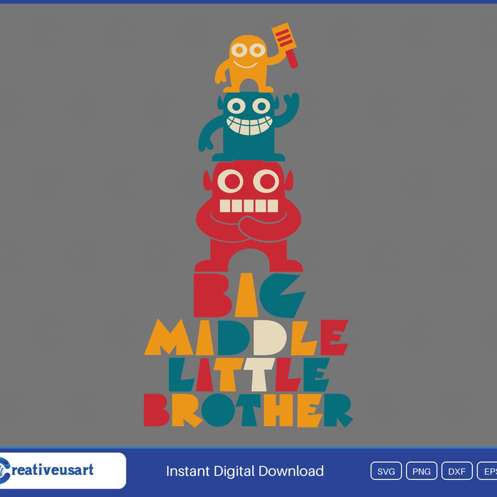 Big Middle Little Brother with three stacked monsters SVG design on a gray background