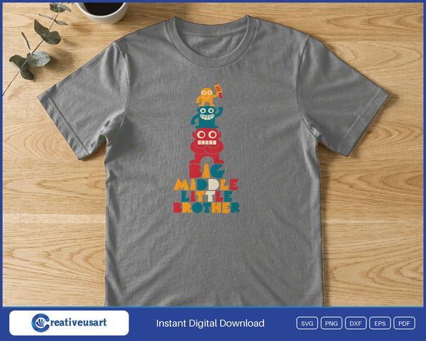 Big Middle Little Brother with three stacked monsters SVG printed on a gray t-shirt