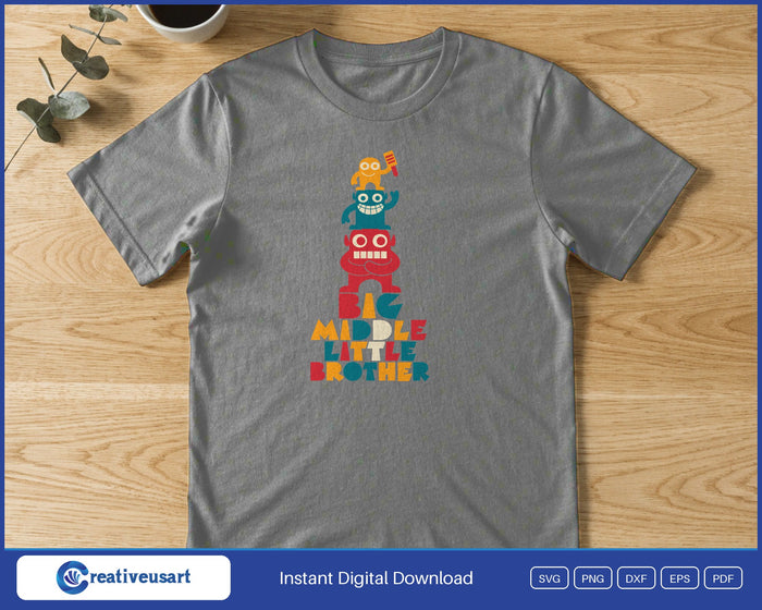 Big Middle Little Brother with three stacked monsters SVG printed on a gray t-shirt