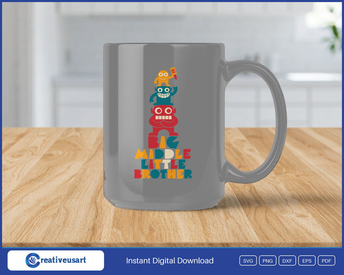 Big Middle Little Brother with three stacked monsters SVG design on a gray coffee mug