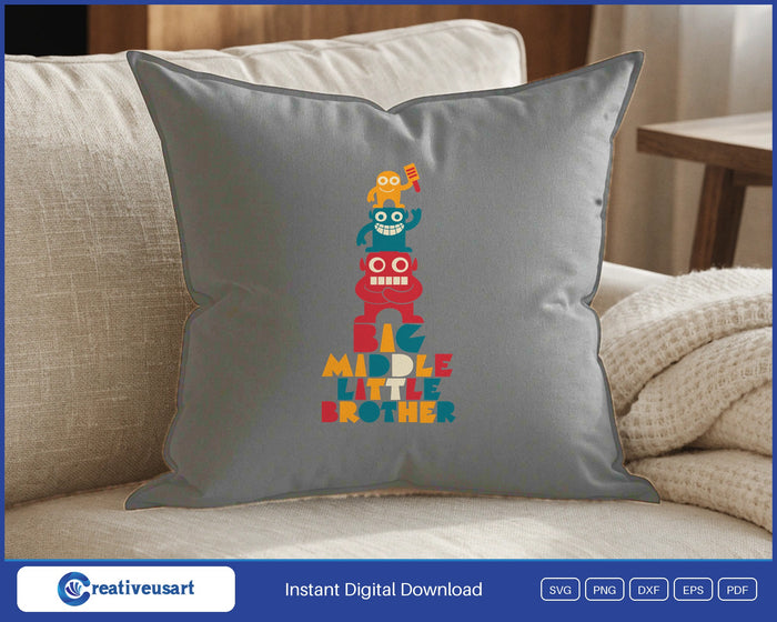 Big Middle Little Brother with three stacked monsters SVG design on a gray throw pillow