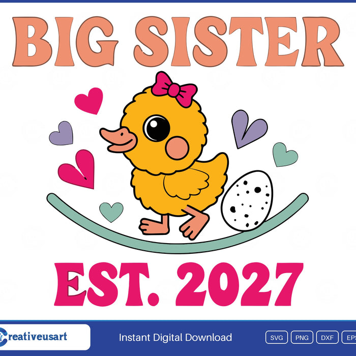 Big Sister Est. 2027 SVG, a yellow duckling with a pink bow beside a speckled egg with pastel hearts