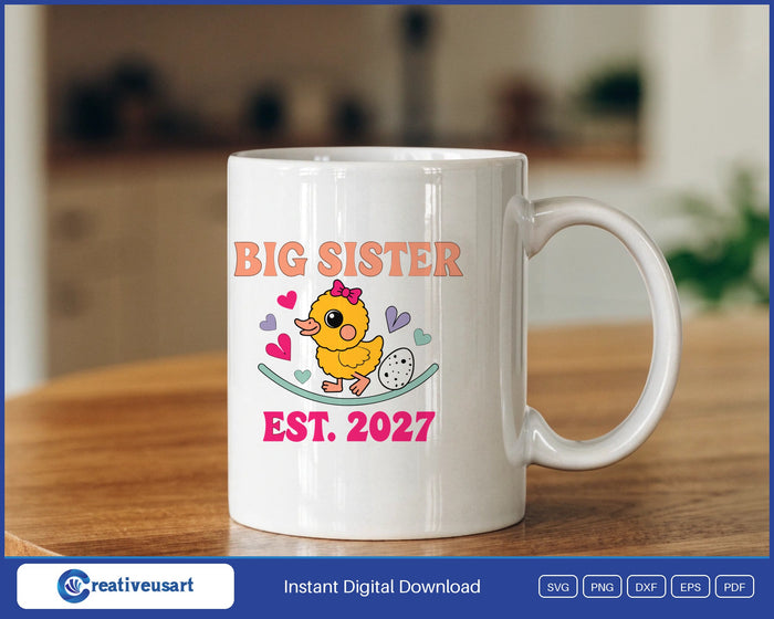 Big Sister Est. 2027 design on a white coffee mug