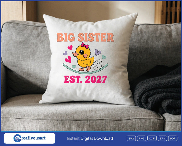 Big Sister Est. 2027 design on a white throw pillow