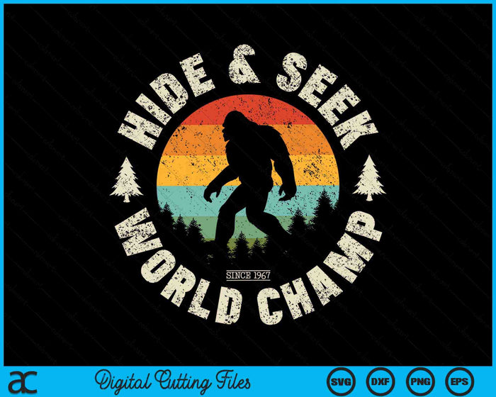 Bigfoot verstoppertje wereldkampioen Sasquatch Retro Vintage SVG PNG digitale snijbestanden
