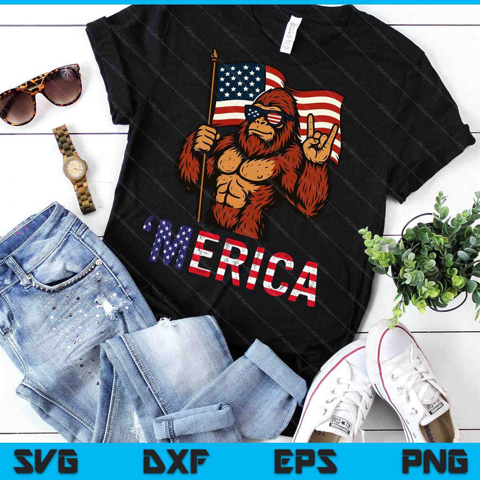 Bigfoot Merica Rock Patriotic American Flag 4th Of July SVG PNG Digital Printable Files