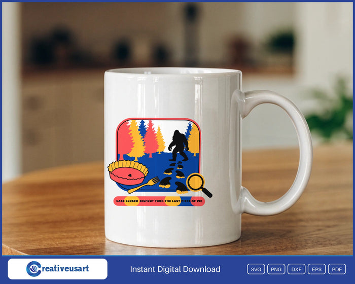 Case Closed Bigfoot Took The Last Piece Of Pie trail-cam badge SVG design on a white coffee mug