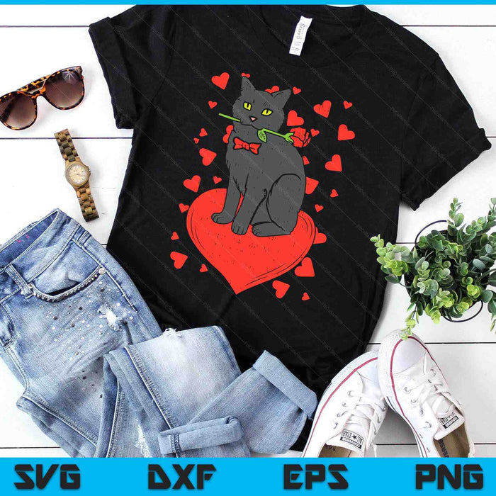 Black Cat Tie Red Rose Heart Cute Valentines Day Pet Women SVG PNG Digital Printable Files