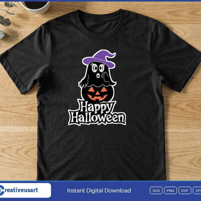A black ghost in a purple witch hat sitting on a jack-o-lantern, above the words Happy Halloween, on a black t-shirt
