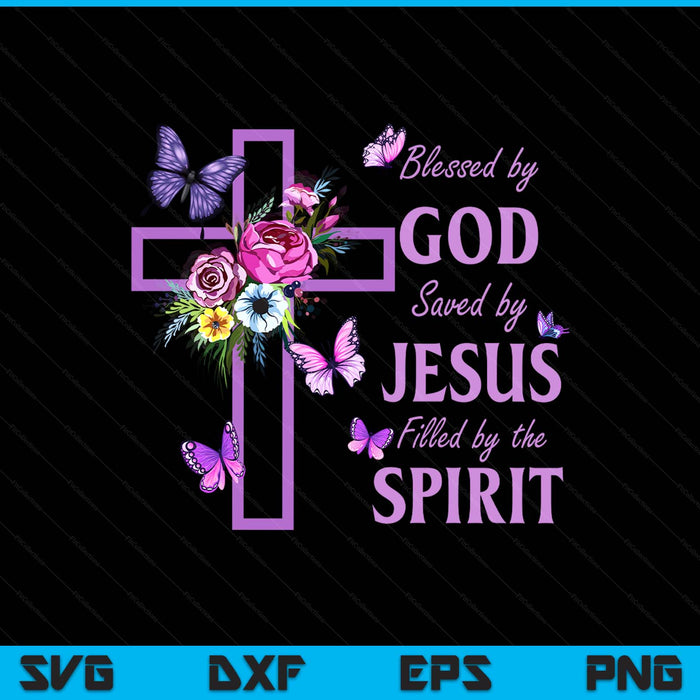 Blessed by God saved by Jesus purple floral cross Christian SVG cut file