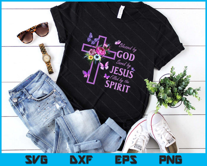 Blessed by God Saved by Jesus Purple Floral Cross Christian SVG PNG Digital Printable Files