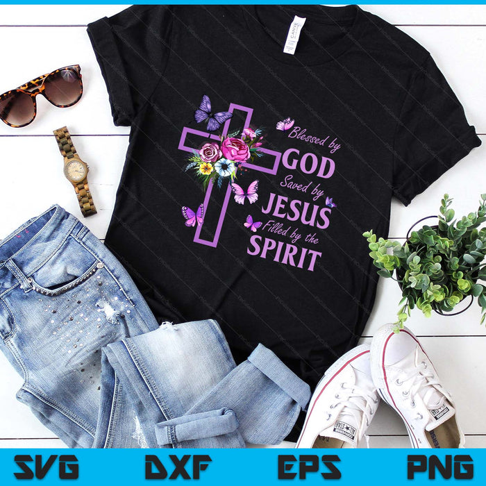 Blessed by God Saved by Jesus Purple Floral Cross Christian SVG PNG Digital Printable Files