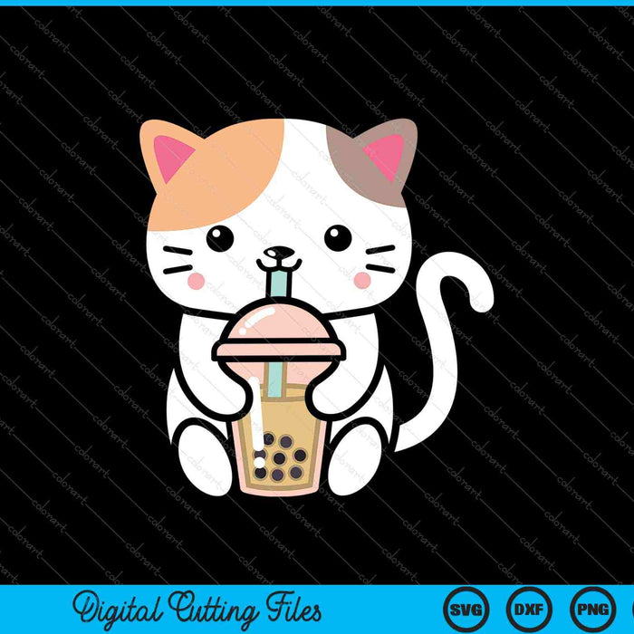 Boba Cat Drinking Boba Kitten Kawaii Japanese Kitty SVG PNG Cutting Printable Files