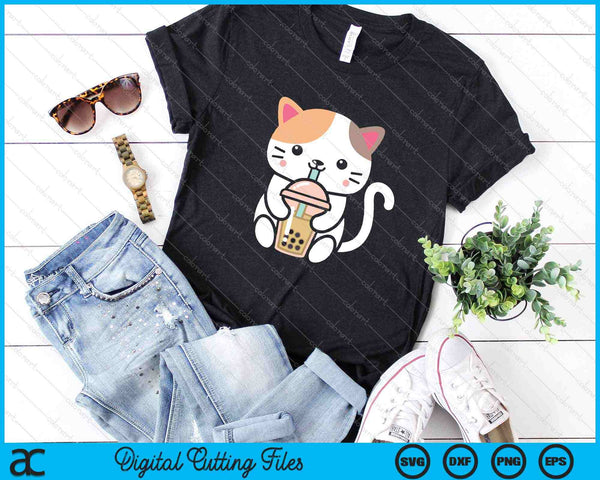 Boba Cat Drinking Boba Kitten Kawaii Japanese Kitty SVG PNG Cutting Printable Files - on a t-shirt