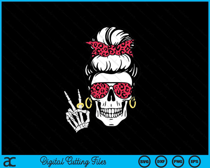 Boho Skeleton Peace Sign Messy Bun Bandana Halloween Apparel SVG PNG Digital Cutting Files