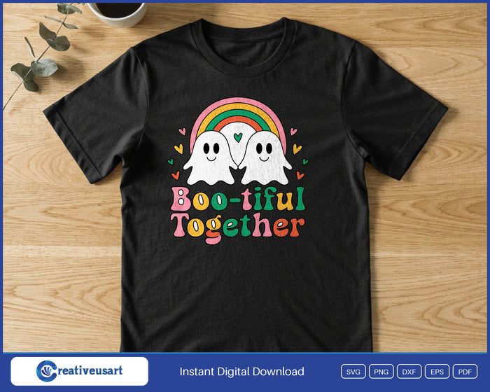 Boo-tiful Together ghosts Halloween SVG printed on a black t-shirt