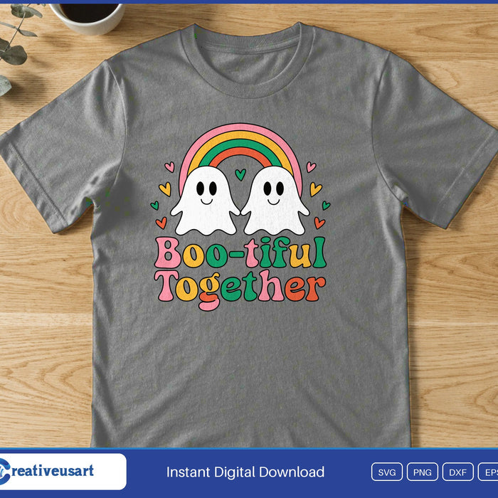 Two ghosts under a rainbow with small hearts, above the words Boo-tiful Together, on a gray t-shirt