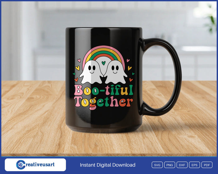 Boo-tiful Together ghosts Halloween SVG design on a black coffee mug