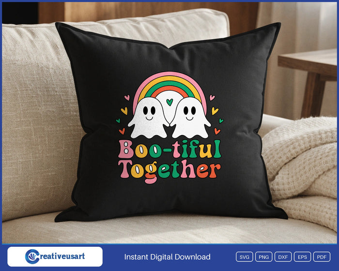 Boo-tiful Together ghosts Halloween SVG design on a black throw pillow